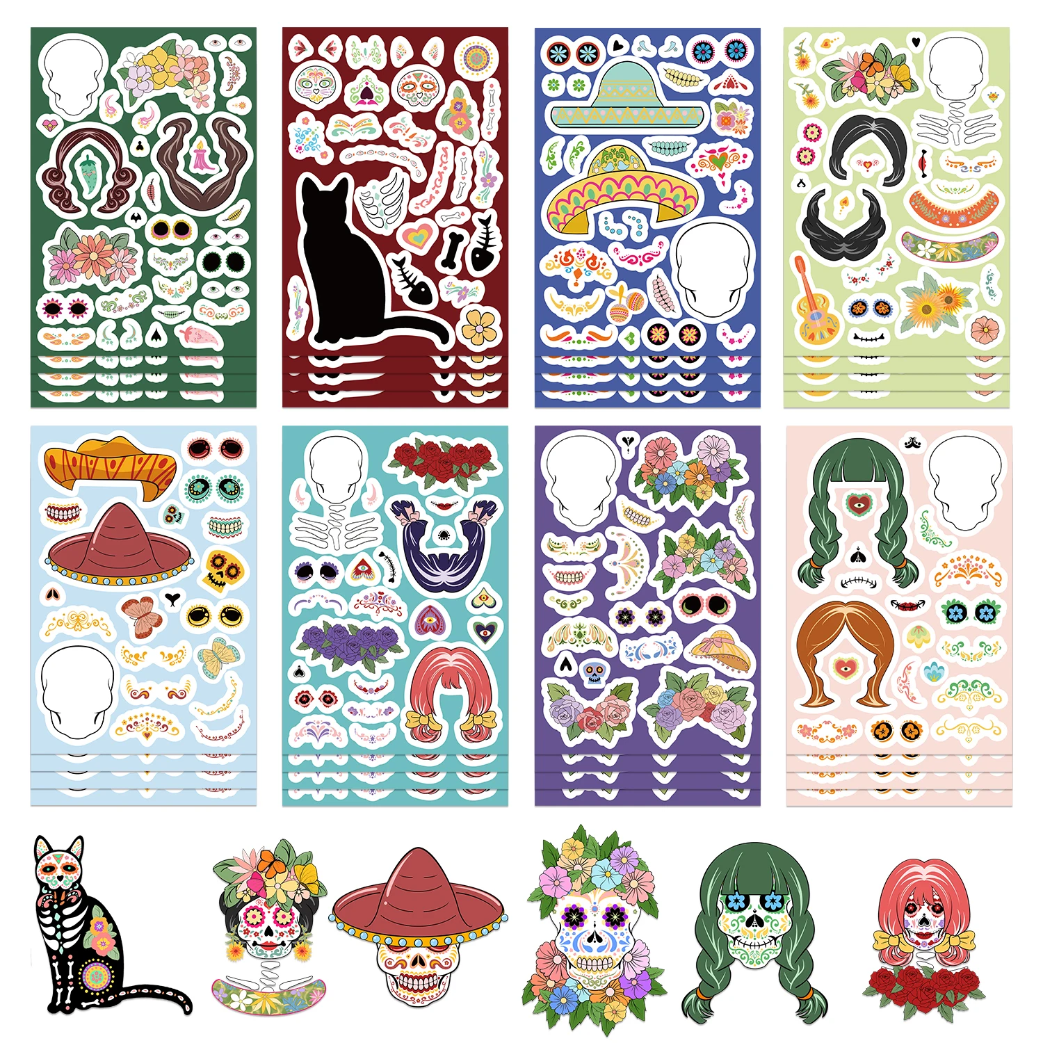 8/16/24 pçs méxico dia dos mortos adesivo bonito decoração colagem graffiti diy manual caso de telefone portátil adesivos à prova dwaterproof água