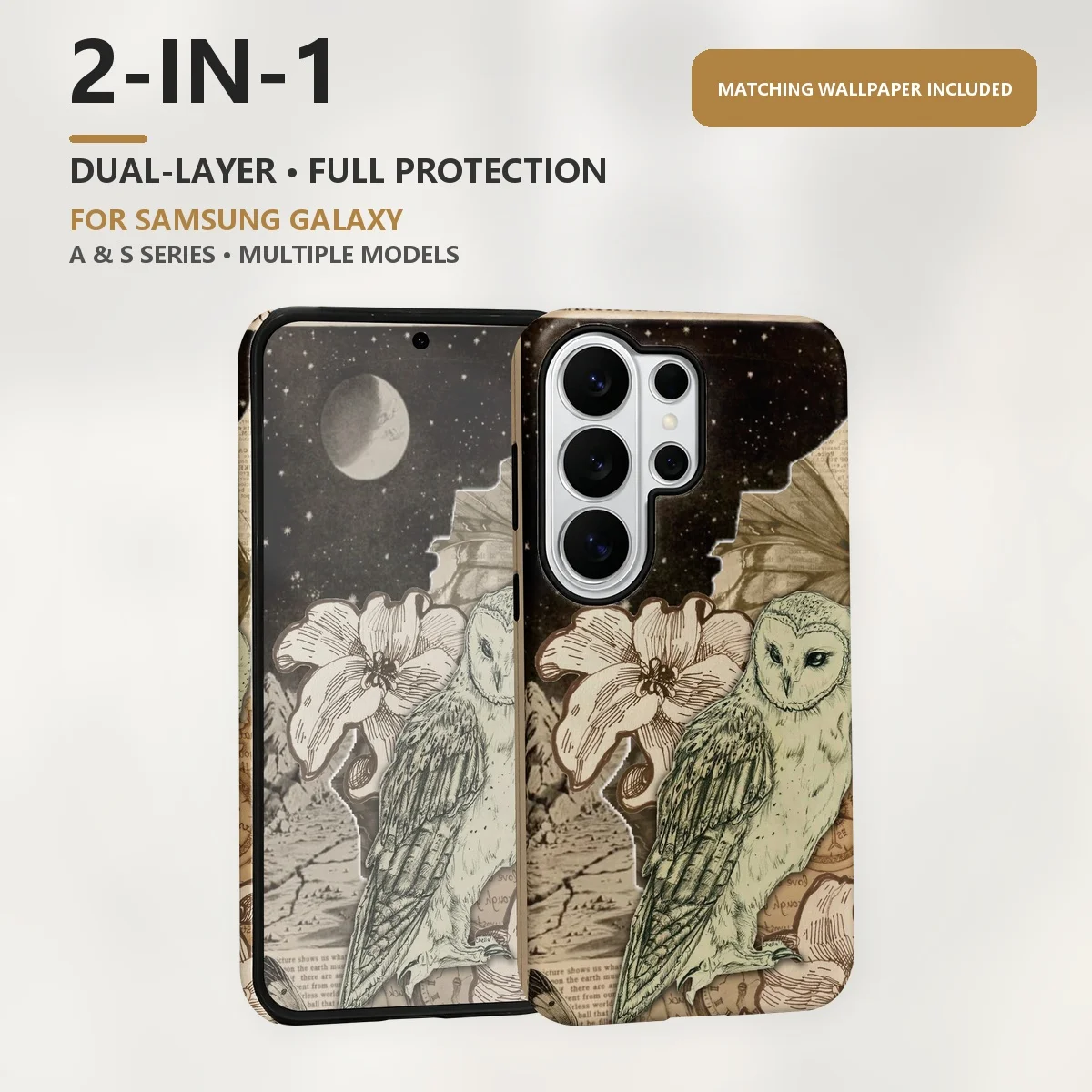 Vintage Owl Illustration 2-in-1 Dual-Layer Phone Case for Samsung Galaxy S26 S25 S24 Plus Ultra FE S20 FE A56 A17 A16 A15