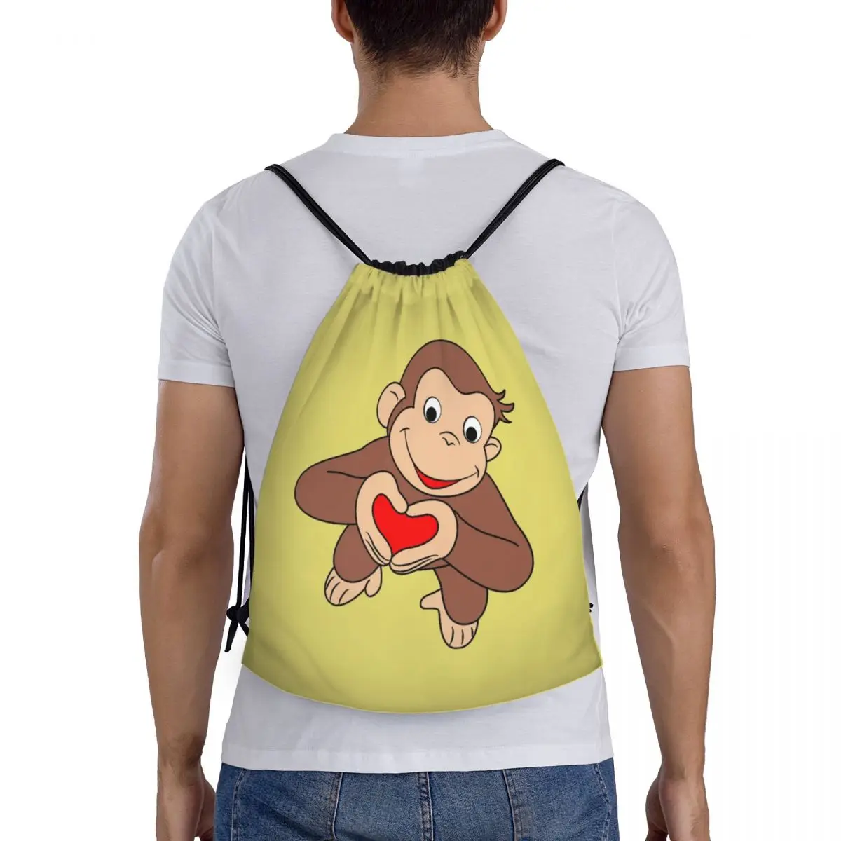 Custom Curious George Cartoon Is All Heart Drawstring Bag Men Women Lightweight Sports Gym Storage Backpack