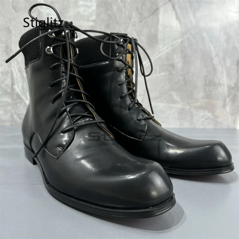 Black Genuine Leather Lace Up Ankle Boots for Men Round Toe Low-Heeled Winter Boots Casual Wear-Resistant Work Men's Shoes