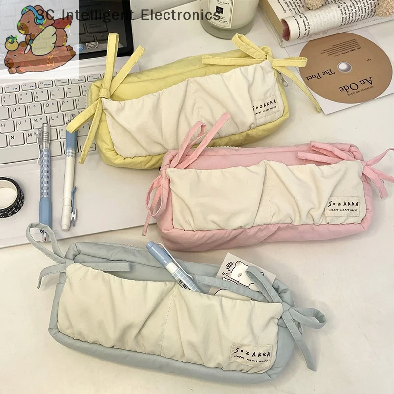 Ins Style Blue Bow Pencil Case Cute Multi Functional Large Capacity Stationery Organizer Storage Bag Student Pen Bag Makeup Bag