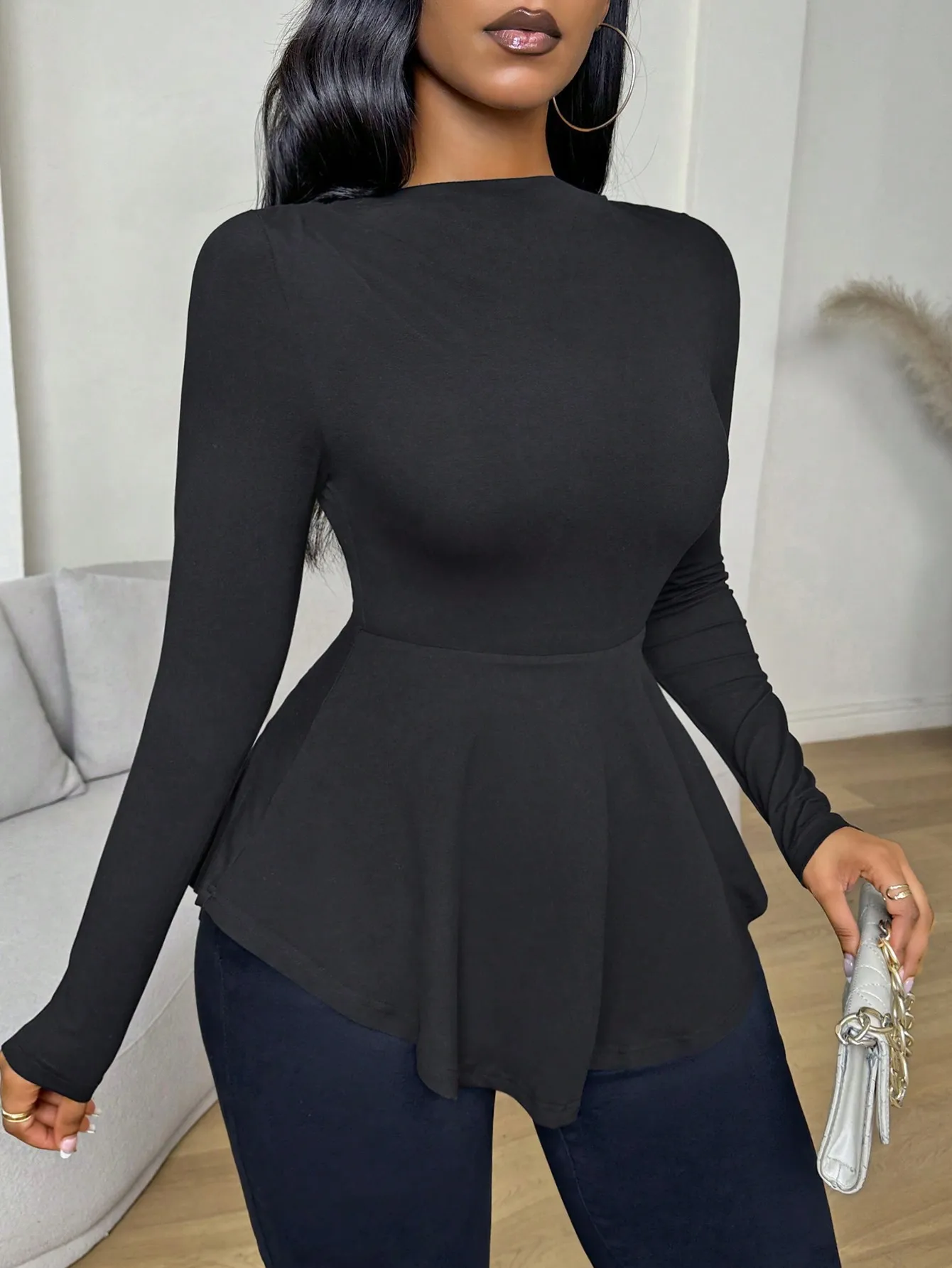 

Black Long Sleeve Peplum Top with Flared Hem, Slim Fit Women's T-Shirt for Fall Elegant Outfits