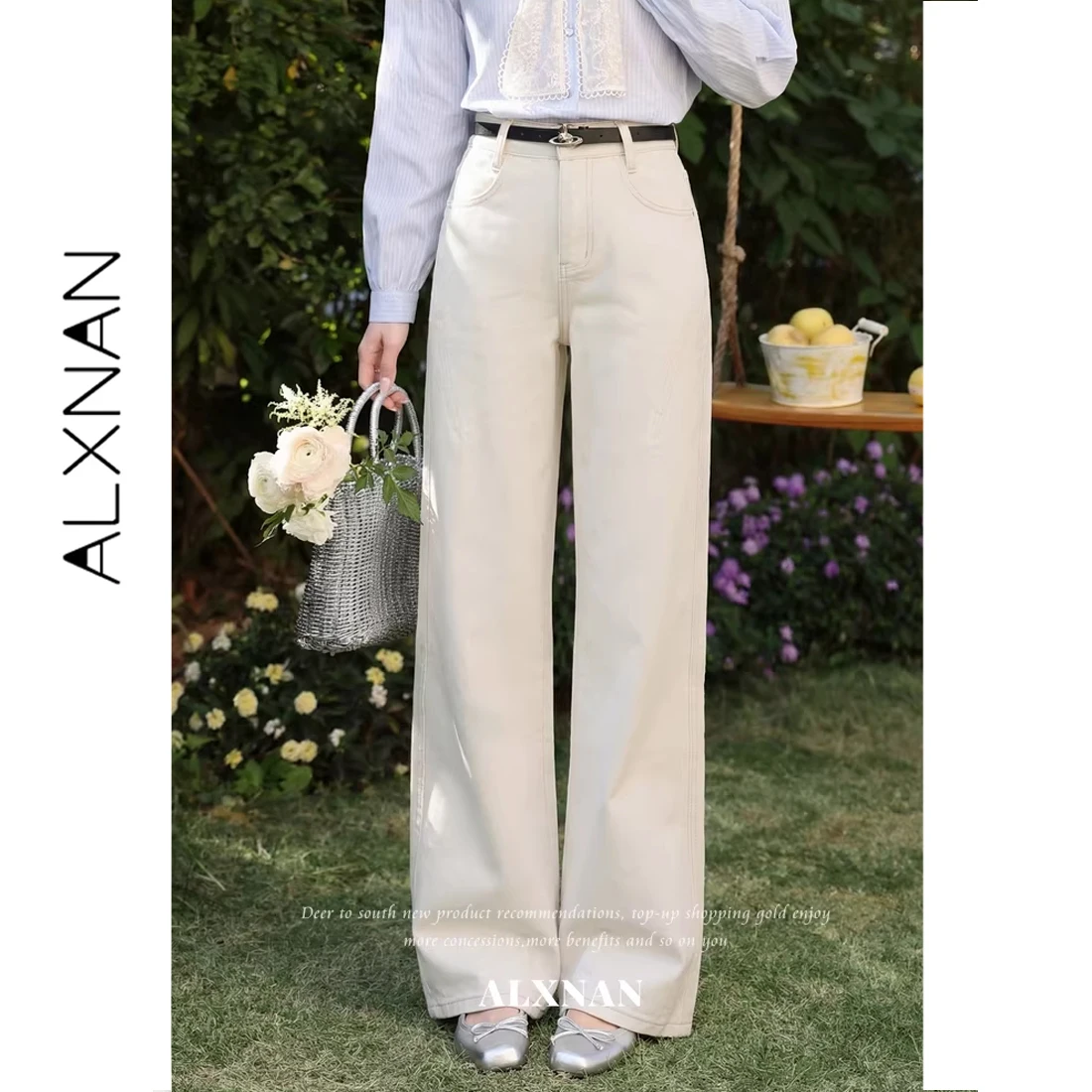 

ALXNAN Apricot Wide-leg Jeans Summer Elegant Baggy Denim Pants Cotton High Waist Loose-fit Casual Office Female Jeans L63180A