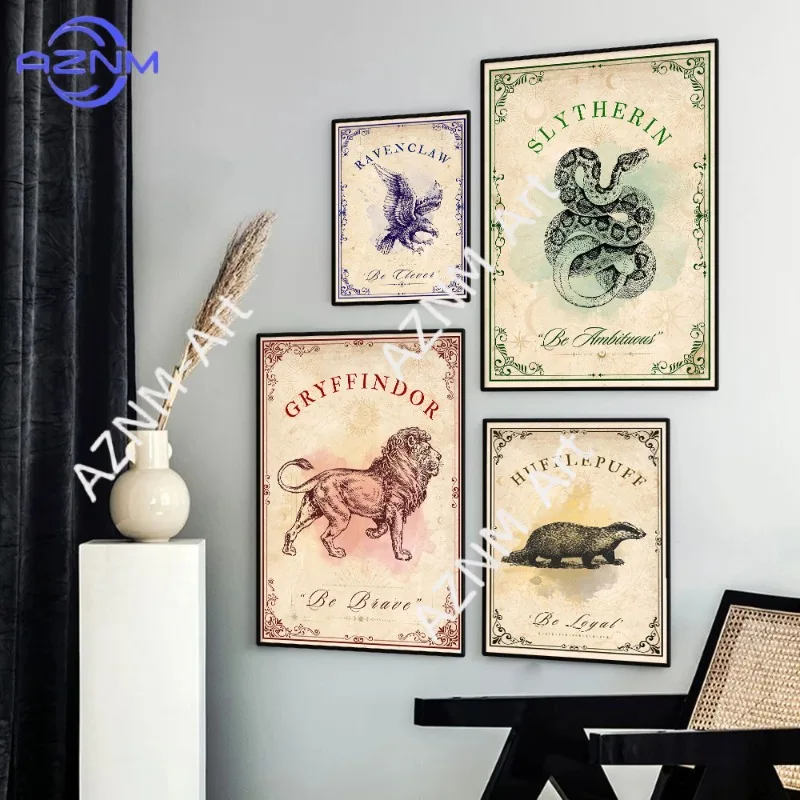 Vintage Wizard School Houses Poster H-Hogwarts Inspiring Quotes Magic World Canvas Painting Wall Art for Living Room Home Decor