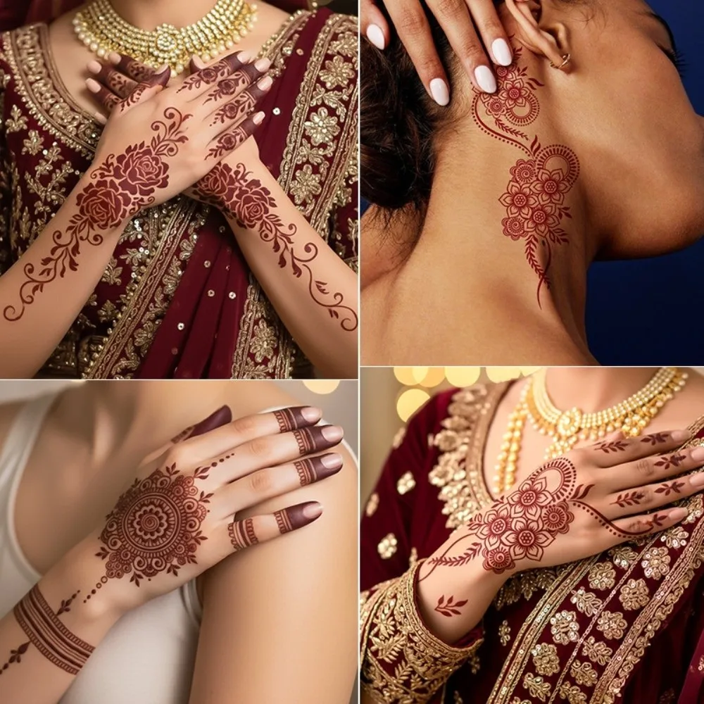 9pcs Water Transfer Decals Henna Tattoo Stickers Fake Instant Henna Temporary Tattoo Waterproof India Mehndi Flower