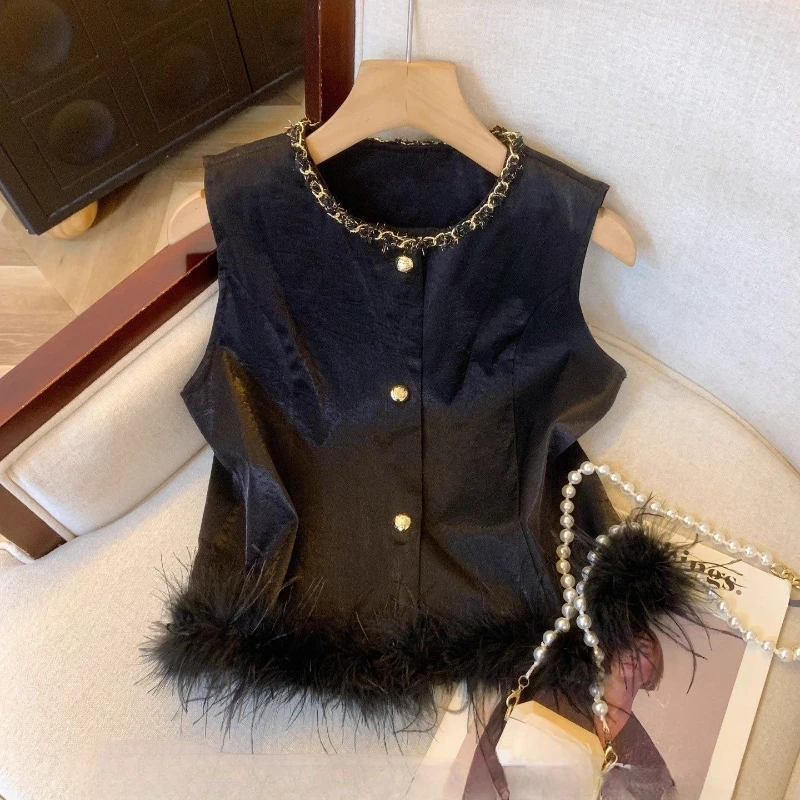 New Chinese Style Europe Premium Moda Coat Fur Patchwork Casual Elegant Vests Slim Korea All-match Exquisite Soft Outwaer