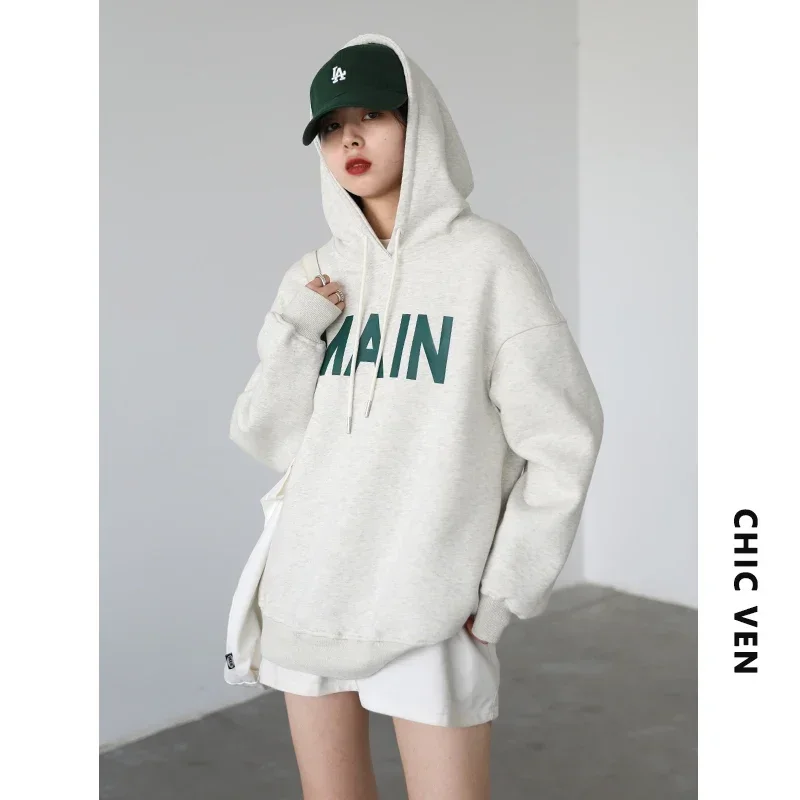 CHIC VEN Women\'s Pullovers Streetwear Casual Loose Letter Plush Thick Warm Hooded Tops Office Lady Coat Autumn Winter 2023