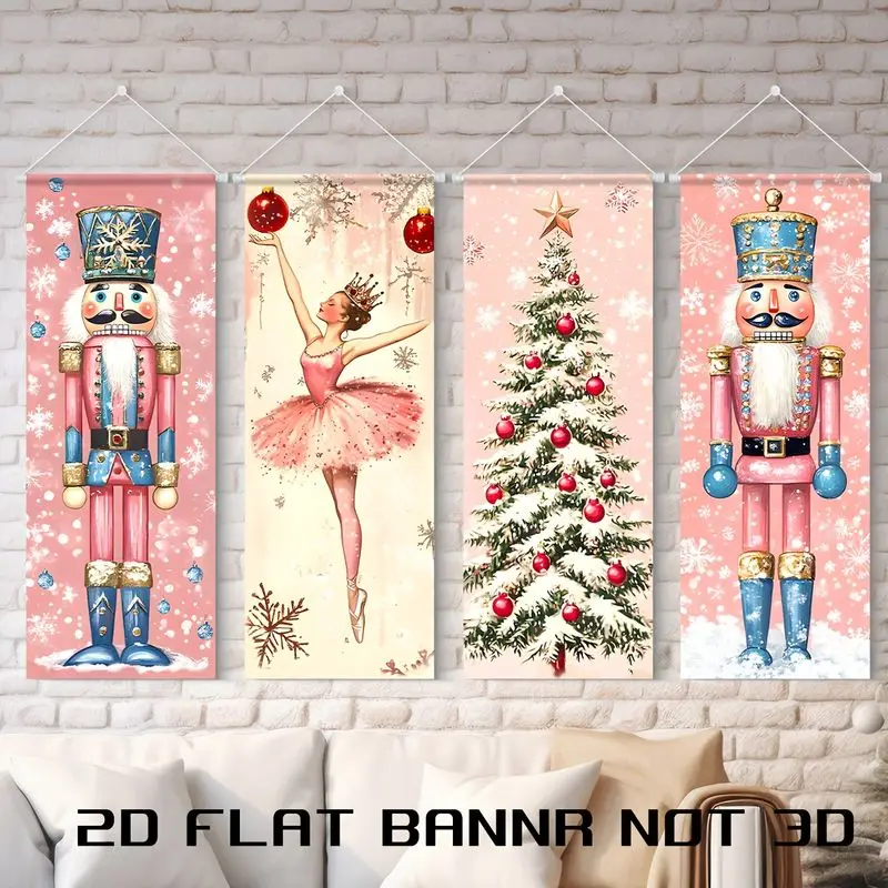 VIKAMA Pink Christmas Wall Art for Teen Girl Room, 4 Pc Vertical Banner Nutcracker Ballet Tree Star, Cute Holiday Decor