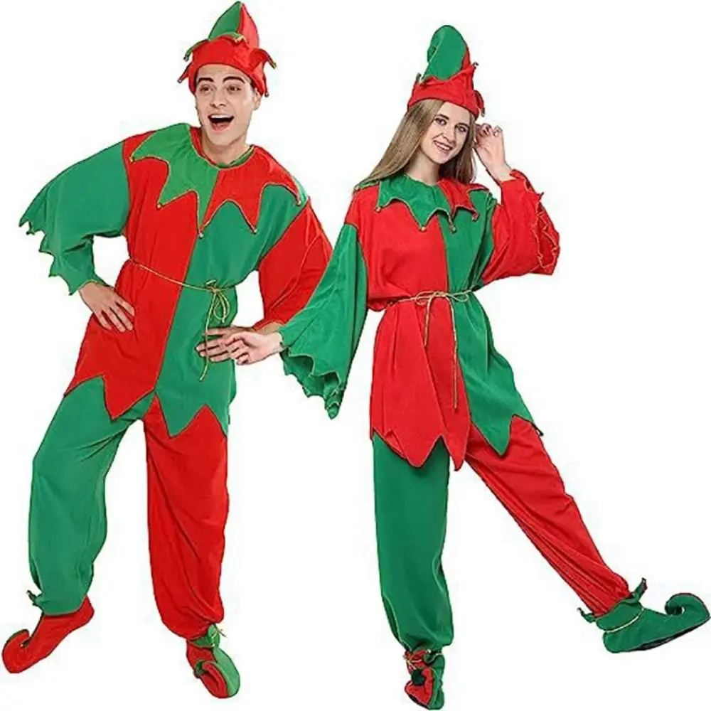 Green Elf Christmas Elf Cosplay Costume, Top e Calças, Color Blocking Shoes, Acessórios para festa, Performance Hat