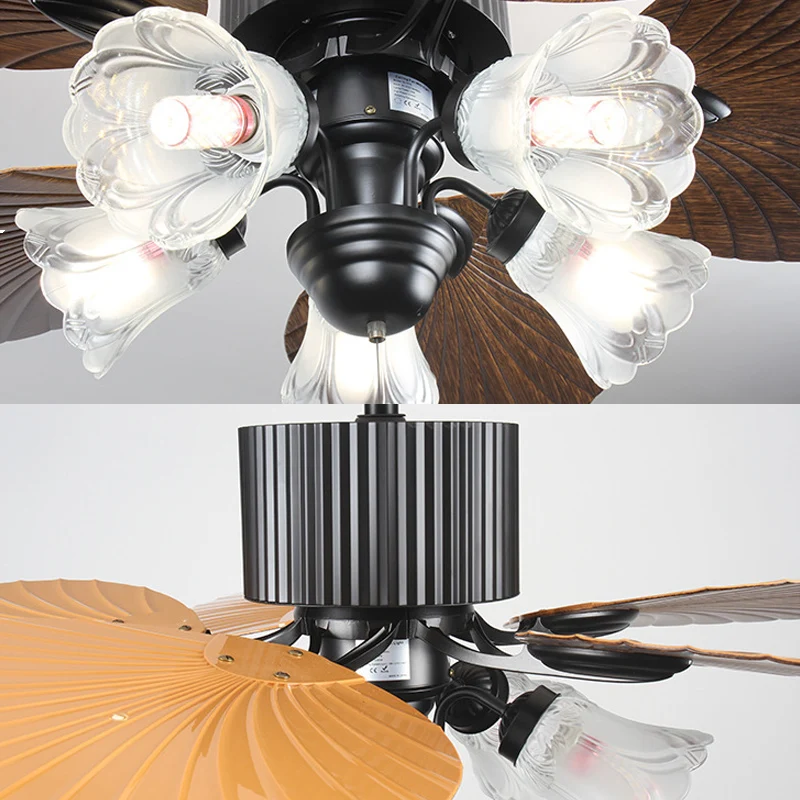 American Electric Ceiling Fan Lamp European Retro Style with LED Light Remote Control for Dining Room Living Room DC Reversible