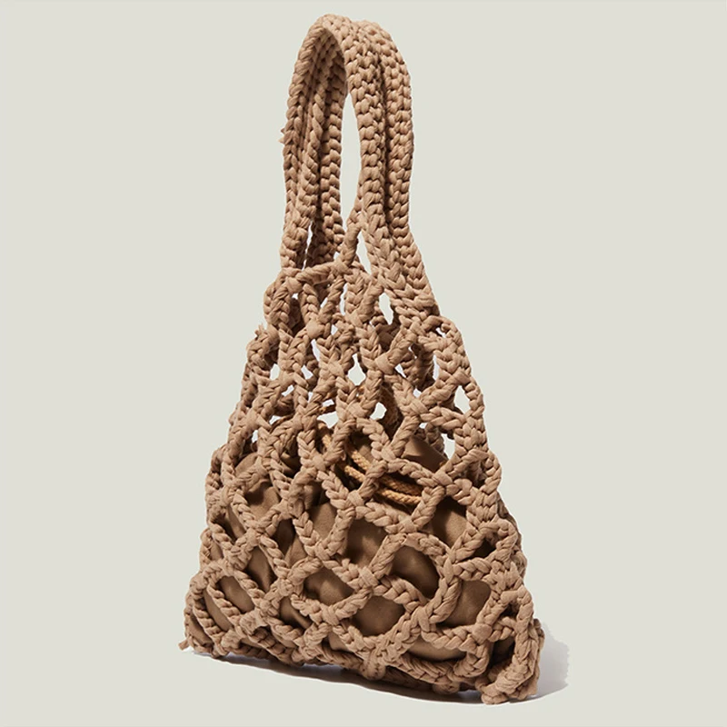 Cotton Rope Woven Women\'s Handbags 2 Piece Mesh Bag Designer Bohemian Summer Straw Beach Bags Female Cutout Tote Bag Purses