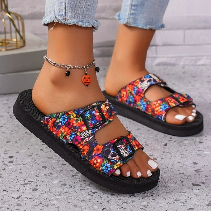 Sandal wanita gesper ganda, sandal musim panas nyaman kasual gaya Bohemian anti selip ringan