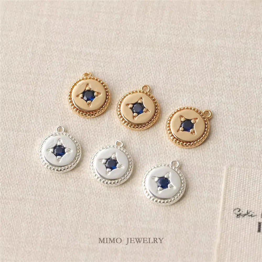 

1PCS 11.4x9.7mm Copper-plated Real Gold Simple Blue Zircon Cross Star Pendant Round Plate DIY Handmade Accessory
