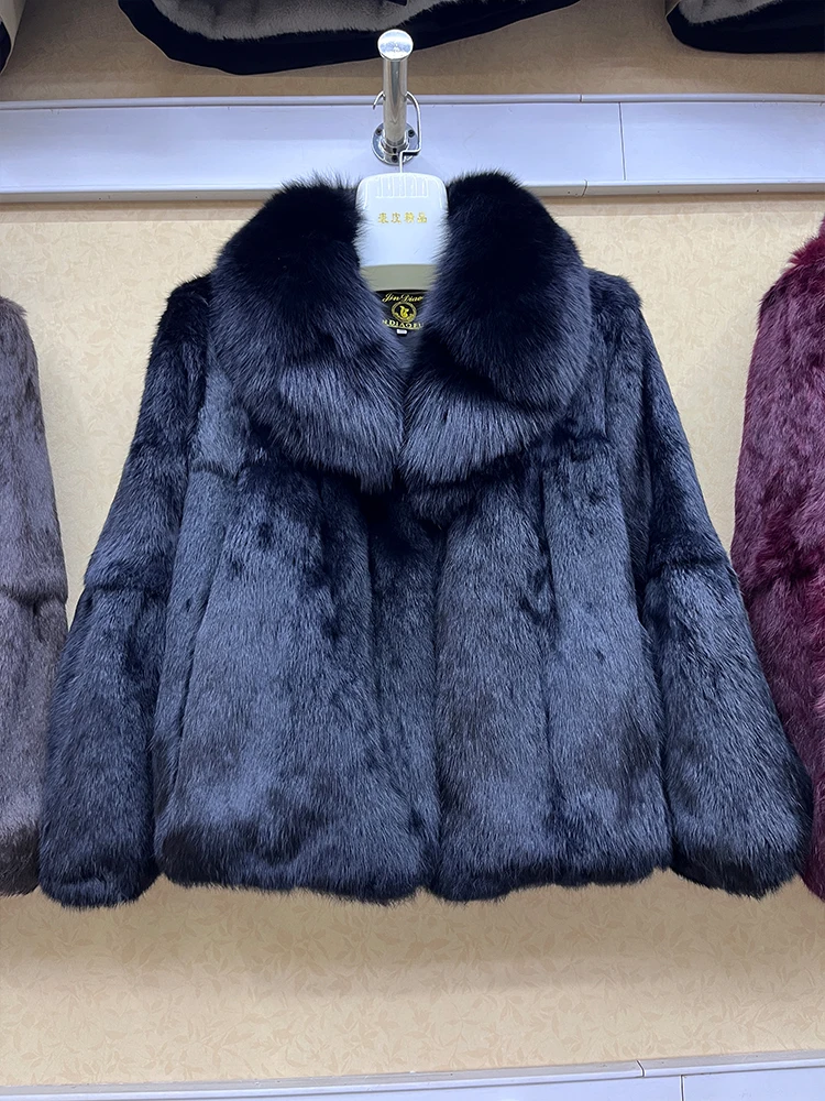 Abrigo de piel de conejo auténtica 100% a la moda con chaqueta con cuello de piel de zorro Natural de lujo abrigo de piel de conejo entera auténtica