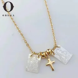 Obega Gold Color Cross Square Shell Women Necklace Virgin Mary Pattern Gold Beads Charm Trendy Necklace Choker Fashion Jewelry