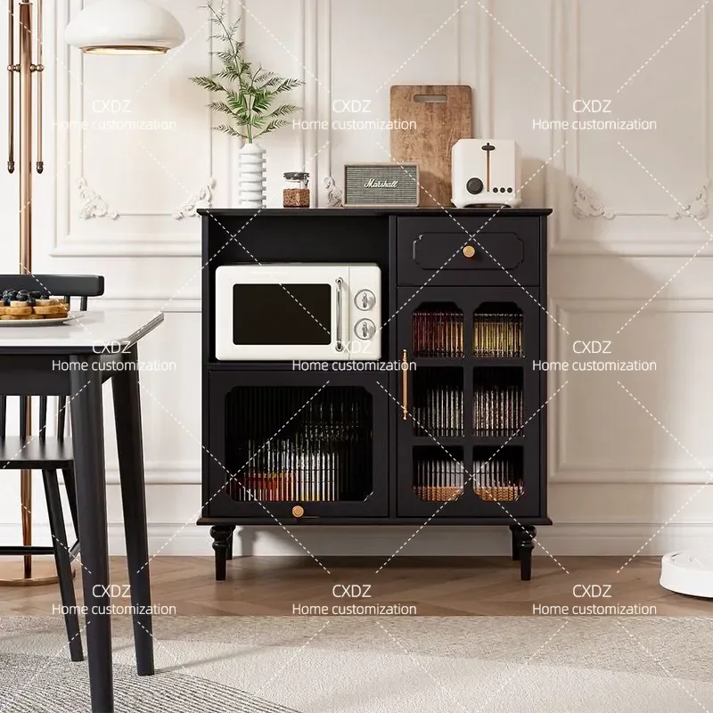American retro dining side cabinet, living room locker, kitchen cabinet, medieval black solid wood household microwave oven