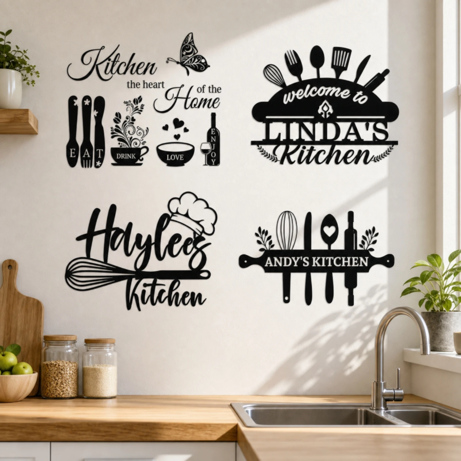 4 Pieces Kitchen-Themed Wall Decal with Utensil Motifs Easy to Apply Self-Adhesive PVC Wall Sticker Wipe-Clean Modern Farmhouse