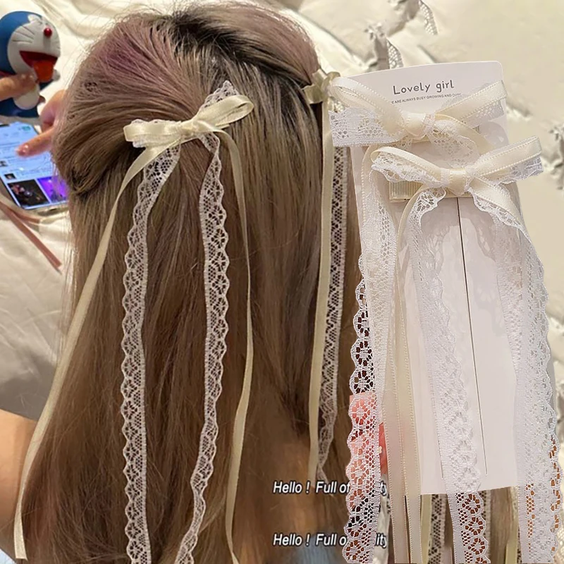 

2Pcs Korean Fashion Lace Bow Hairpin Women Girls Ribbon Hair Clips White Long Ribbon Bow Top Clip Female Hair Accessories Gifts