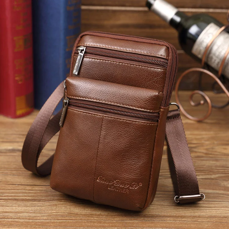 Men\'s Leather Mini Crossbody Bag 7-inch Waist Bag Wearing Belt Multi functional Mobile Bag Cow Leather Wallet