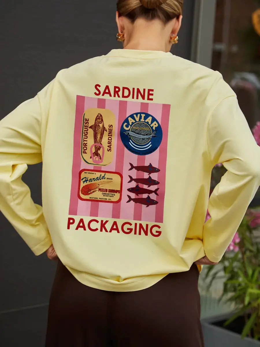 Słodkie damskie koszulki morelowe Śliczne sardynki Retro Czysta bawełna Długi rękaw Cienka bluza Jesienne modne topy Kawaii Duży rozmiar Y2K