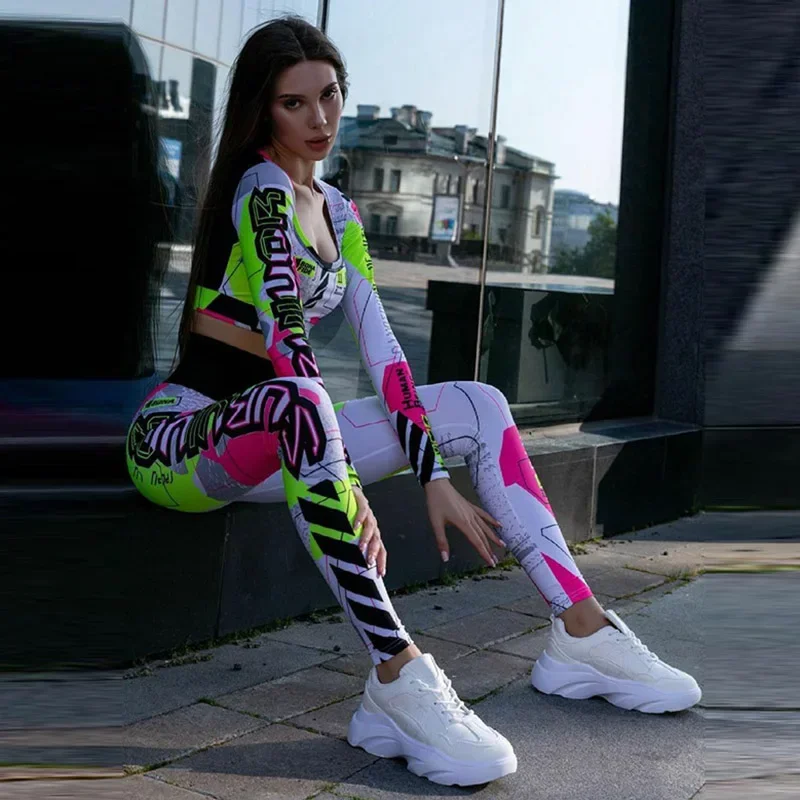 Oshoplive 2025 New Women Fashion Color-Block Letter Printed Long Sleeves Tops & High Waist Leggings Fitness Yoga Two Piece Sets