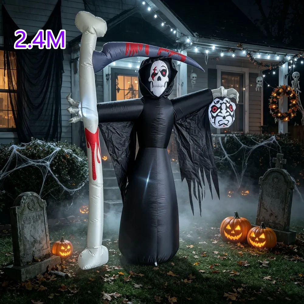 Halloween 2.4M Inflatable Ghosts With Bloody Sickle And Ghost Head Built-in LED Light Suitable Courtyard Lawn Garden Decoration