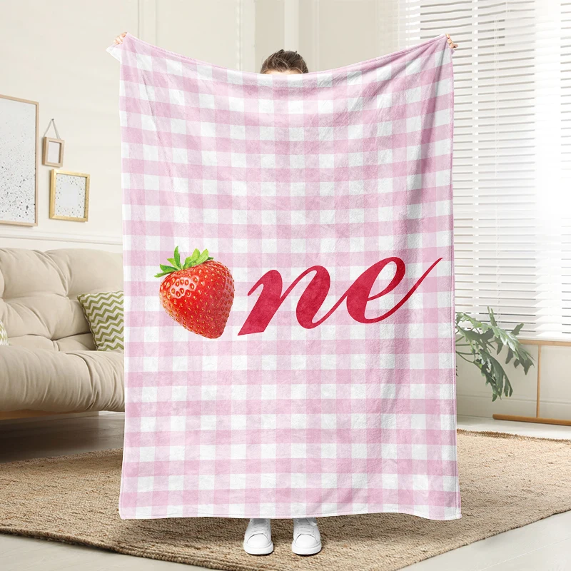

Pink Checkerboard Strawberry Flannel Blanket Soft Plush Cozy Sofa Bed Decor Gift