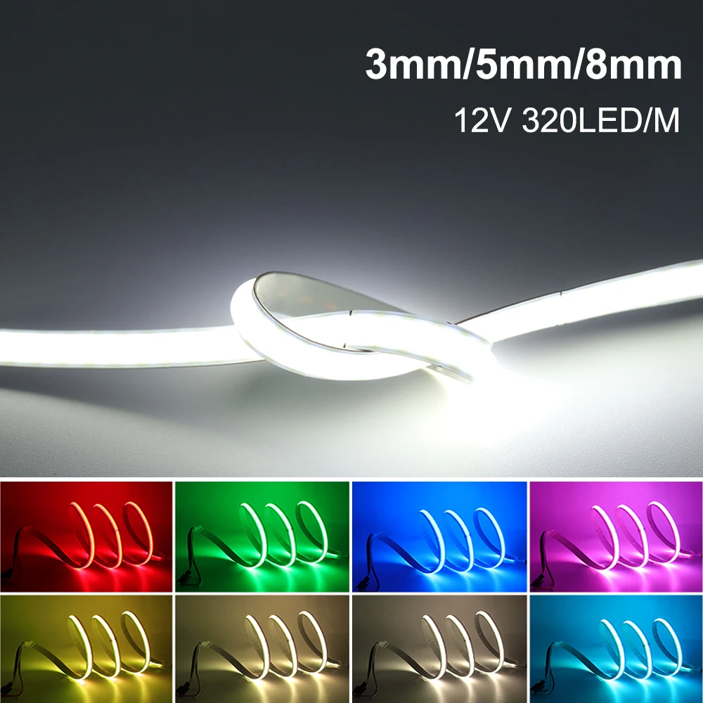 Linear flexível LED Light Bar, COB Strip, alta densidade, quente Natural frio branco, vermelho azul e verde, 3mm, 5mm, 8mm, PCB, 320 LEDs por metro,