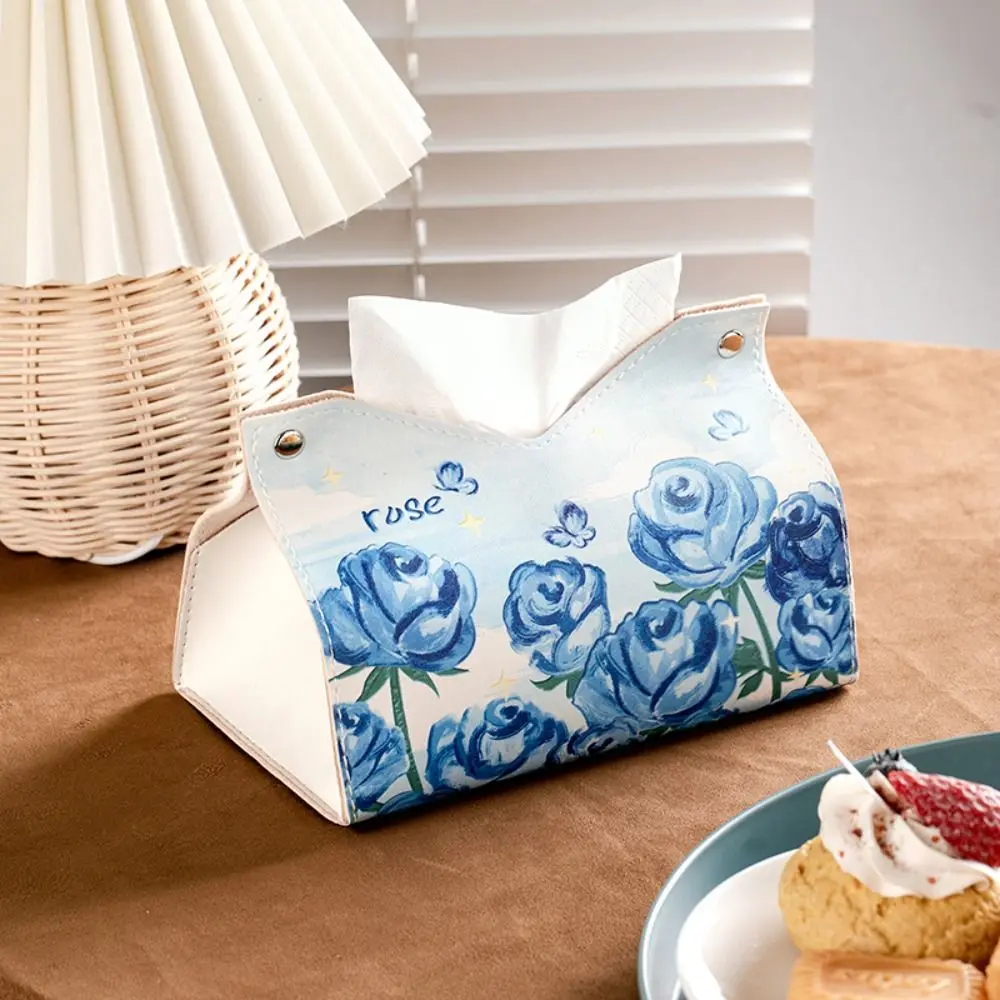 Oil Painting Tissue Case High Quality Smooth Leather Napkin Holder Large Storage with Buttons Paper Towel Box Home Table Decor