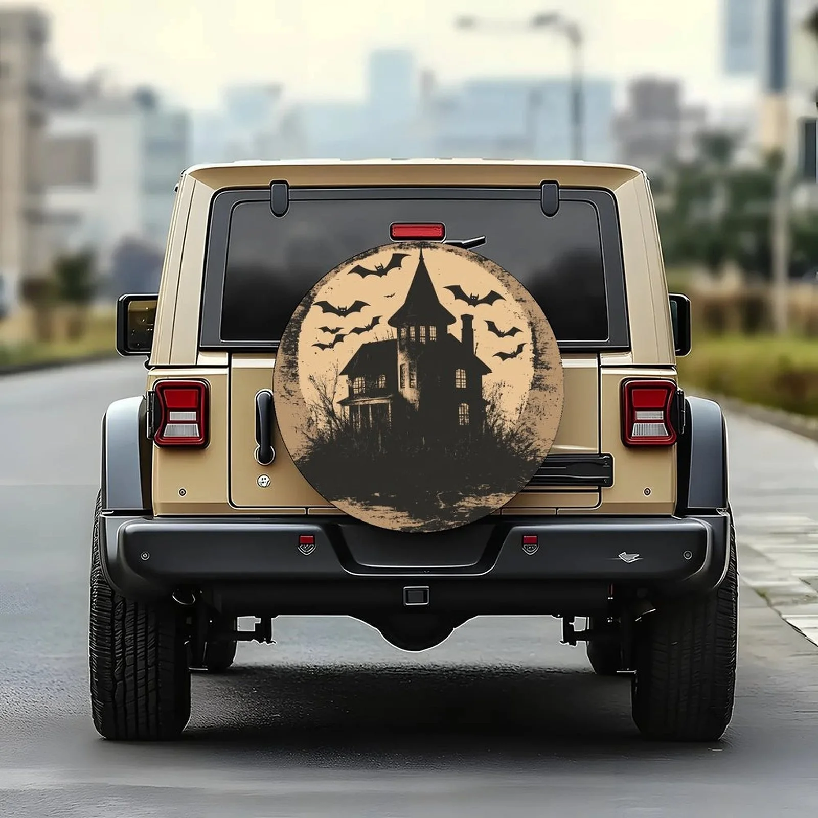 1pc Haunted House Themed Tire Cover Wheel Cover, Trendy Universal Wheel Cover Tire Cover Wheel Protection Cover, Suitable For Mo