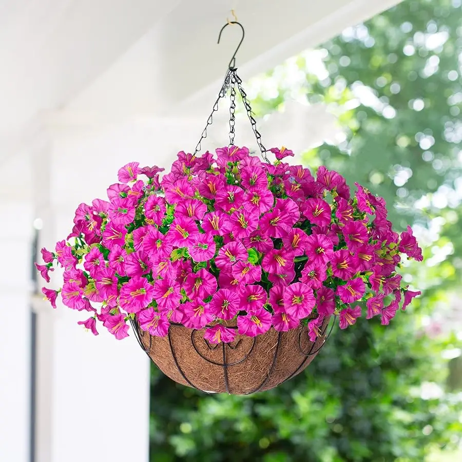 Artificial Fake Hanging Flowers Plants in Basket for Outdoor Decoration, 12 Pcs Faux Morning Glory in Planter Realistic UV Resis