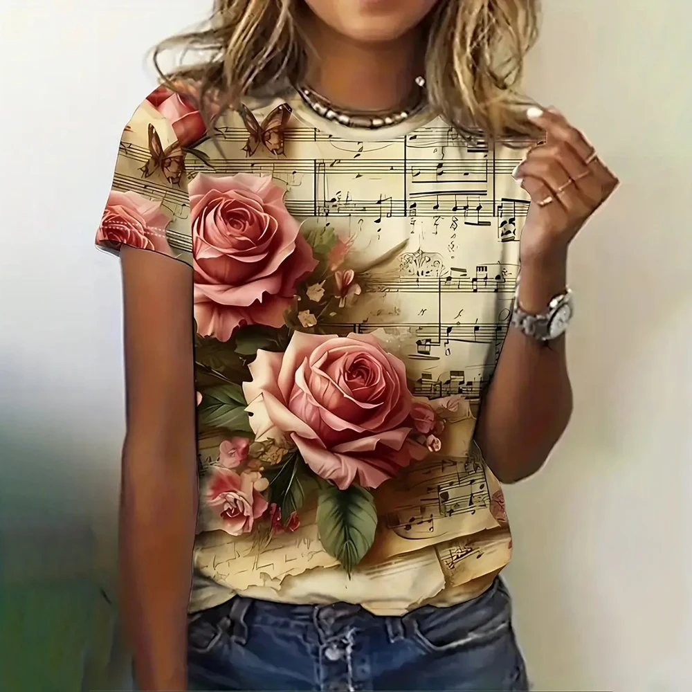 

Vintage Women's T-shirts Three-Dimensional Rose Pattern Short Sleeves T shirt Top Summer Y2K Women Clothing Crew Neck Pullover