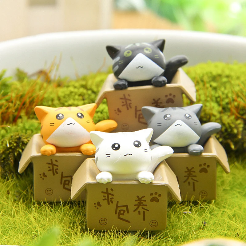 4Pcs Cartoon Poor Box Cat Kitty Kitten Model Mini Statue Car Figurine Crafts Garden Figurine Ornament DIY Miniatures Gifts