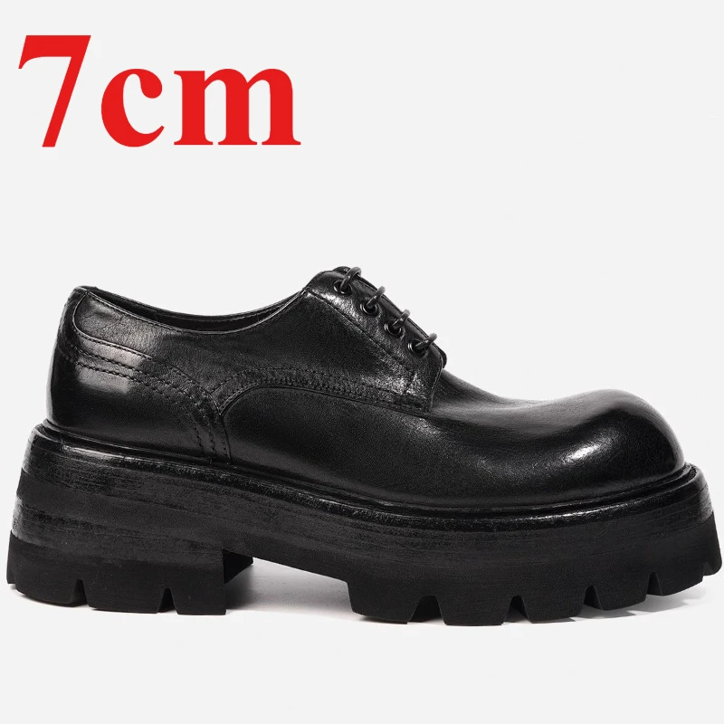 Italian Thick Bottom Heightening Shoes Horse Leather Casual Shoes for Men's Hand Sewn Horsehide Breathable Big Head Derby Shoes