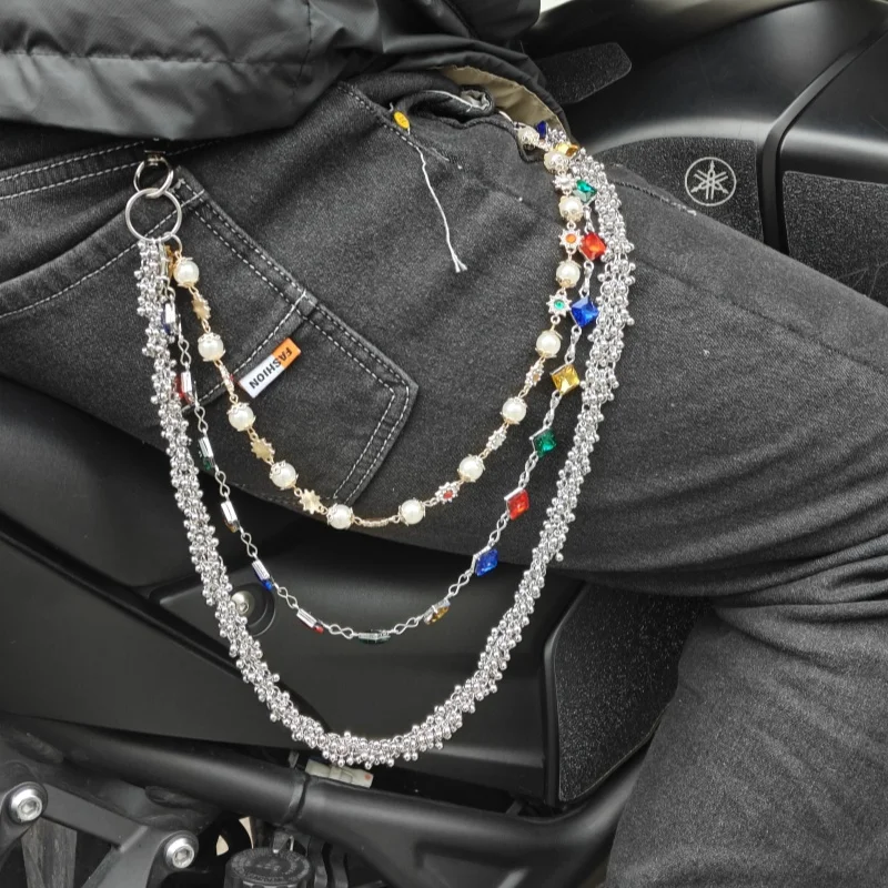 2025 New Model Pearl Pants Chain Three Layers Locomotive Chain Fashionable Men And Women Hip Hop Accessories Retro Keychain