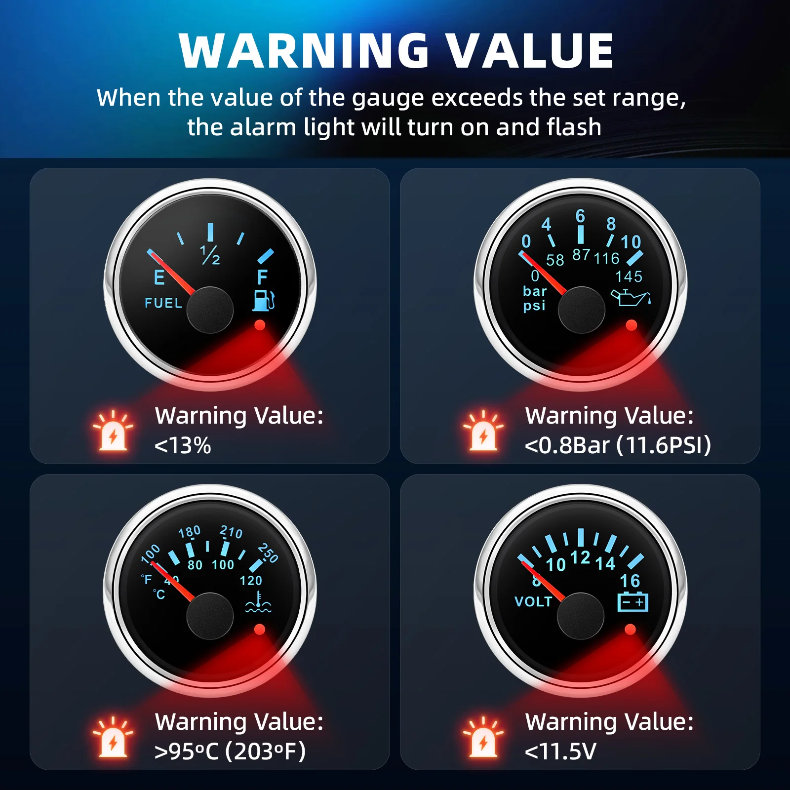 Jeu de 6 jauges + 5 capteurs, compteur de vitesse GPS 85mm km/h, tachymètre MPH RPM 52mm, température de l'eau, pression d'huile, compteur de niveau de carburant pour bateau et voiture