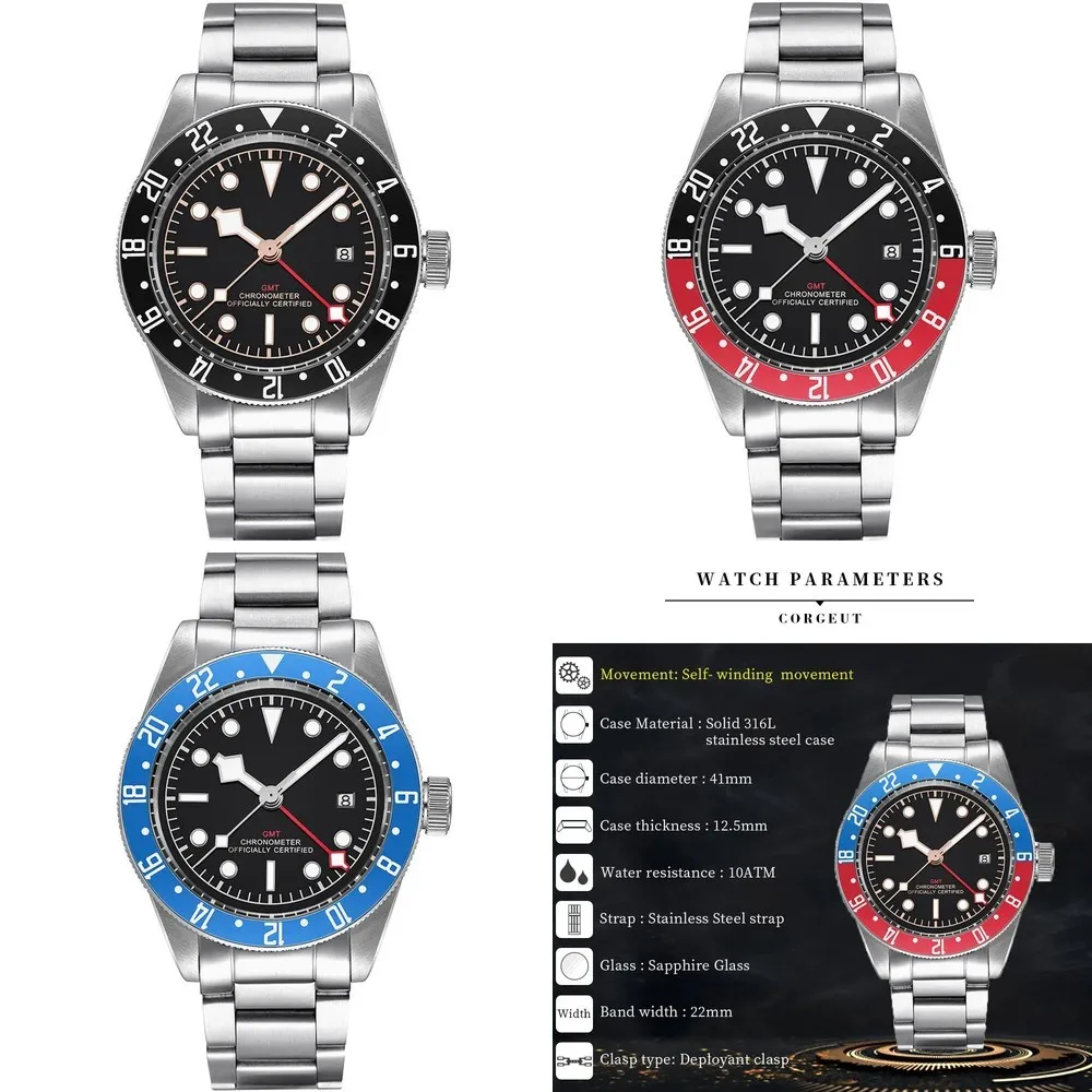 

Moq 5 units wholesale price custom logo high quality luxury watch 41mm Corgeut Design Sterile Dial Men's Lume GMT