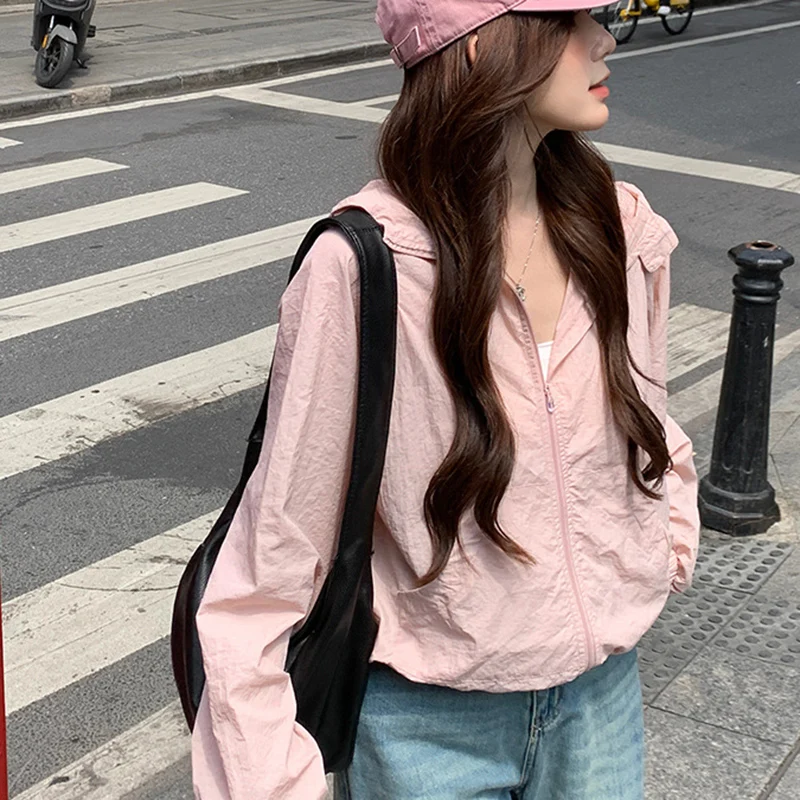 Solid Color Loose Sun Protection Jackets Women 2026 Summer Zipper Up Thin Sport Hoodies Woman Korean UV Protection Jacket Mujer