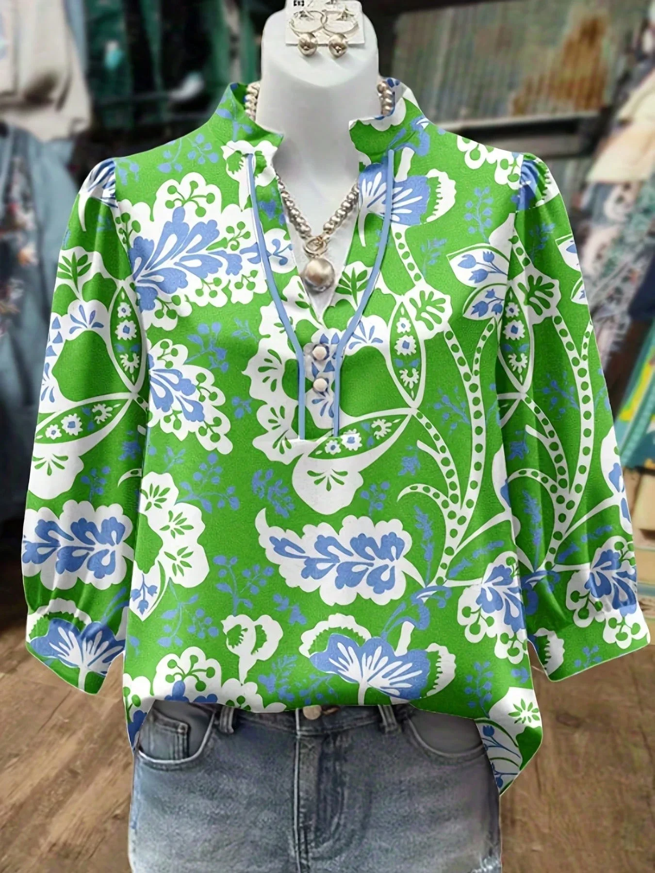 

Vintage V-Neck Puff Sleeve Floral Blouse 3/4 Length Casual Top