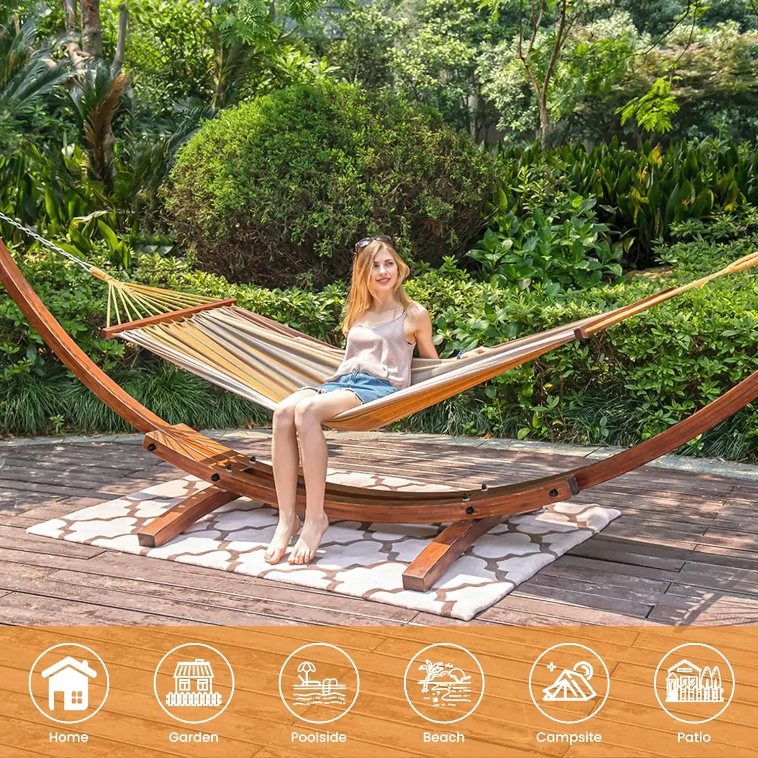 Lazy Daze Hammocks 2 Person Cotton Fabric Hammock with Spreader Bars and 10.5 FT Wood Arc Hammock Stand, Double Hammock with Woo