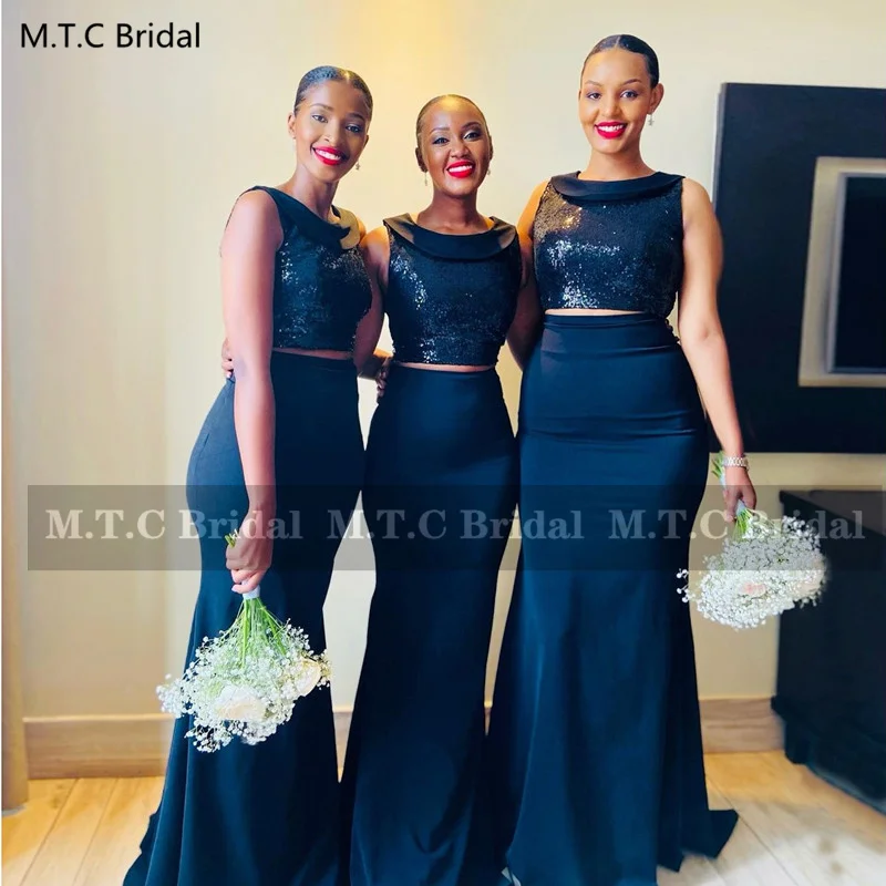 

Black Long Mermaid Bridesmaid Dresses Two Pieces Sequins Top Black Women Wedding Party Maid Of Honor Gowns Wholesale