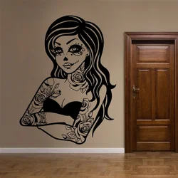Horror Gothic Tattoo Dead Girl Wall Sticker Vinyl Art Home Decor for Boys Teens Room Decals Halloween Decoration Wallpaper G074