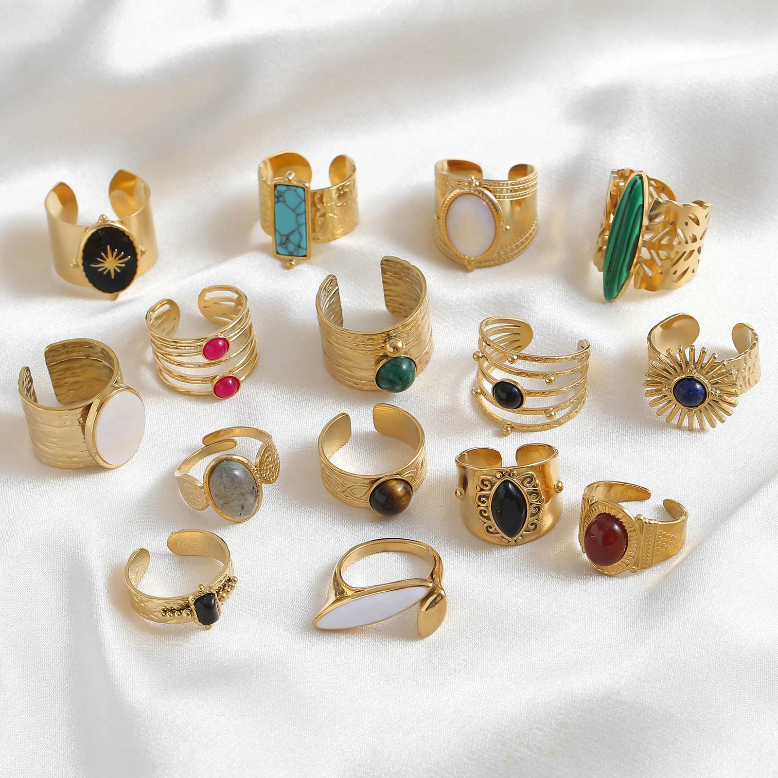 2025 Retro Women Stainless Steel Waterproof Rings Unique High Quality Bohemia Natural Stone Wide Rings Open Jewelry Party Gift