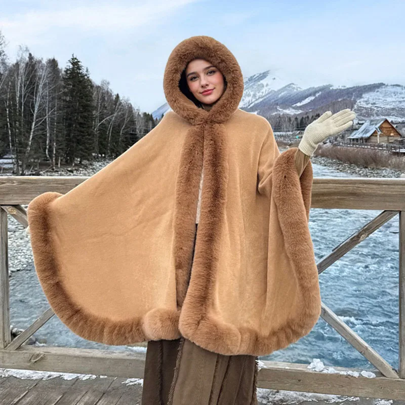 Fashion Elegant Faux Fur Trims Knit Cape Hooded Long Big Outerwear Wraps Women Autumn Winter Party Travel Cloak Poncho