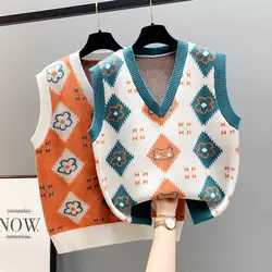 Kawaii koreański moda sweter kamizelka wiosna jesień kobiety sweter luźny dekolt w serek z dzianiny w stylu Casual żakardowe bez rękawów swetry Jersey