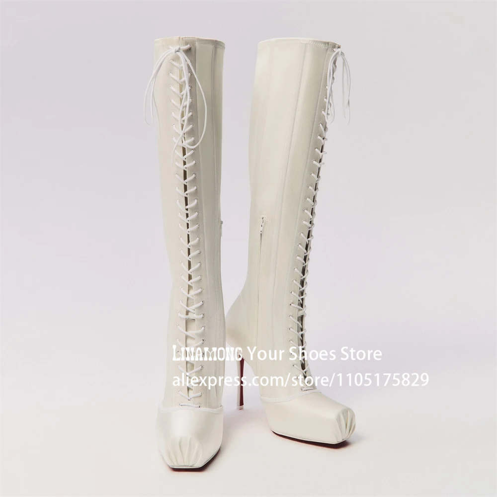 

Ballerina Square Toe Strappy Boots Crepe Toe Satin Knee High Boots Cross Strap Stiletto Boots for Women Designer Style New Boots