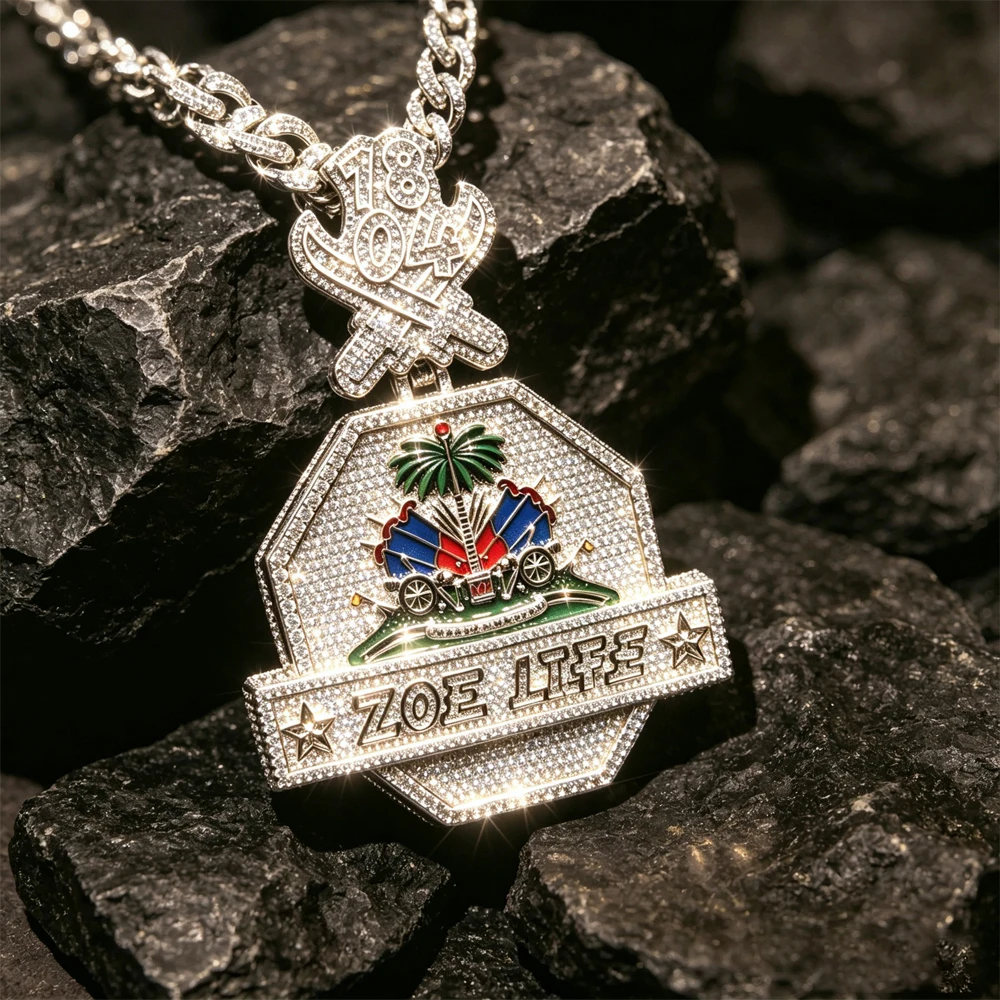 18K Gold Plated Full Cubic Zirconia Enamel Haitian National Emblem Charm Hip Hop Bling Fine Jewelry Gifts for Men Boy Friends Rapper Street Culture Party Daily Gift Iced Out Pendant Necklace Accessory Collection Display Necklace Accessories