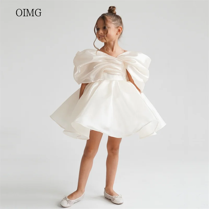 OIMG Classic Ivory Off The Shoulder A Line Flower Girl Dresses Backless Pleated Wedding Dress Mini Birthday Dress Customized
