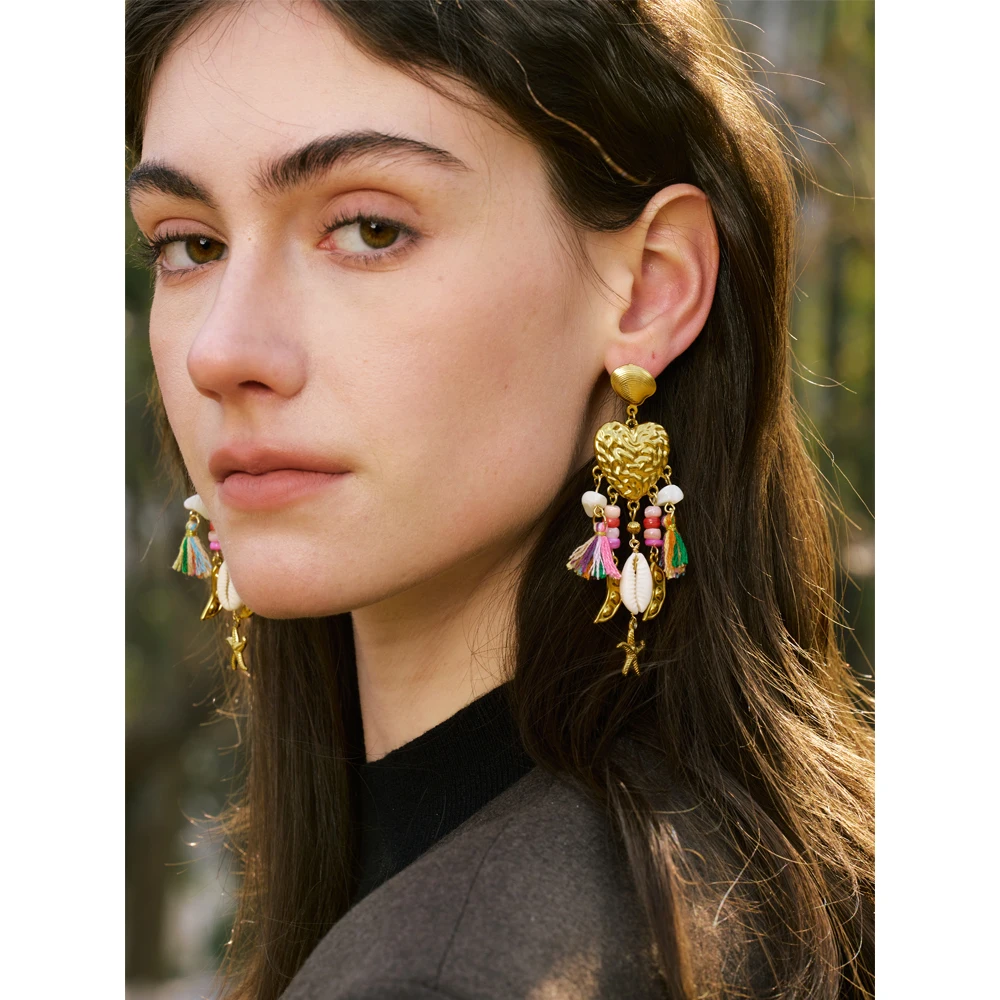 Yhpup Exquisite Metal Heart Seashell Starfish Tassel Dangle Handmade Earrings Gold Color Stainless Steel Arrivals Jewelry Gift
