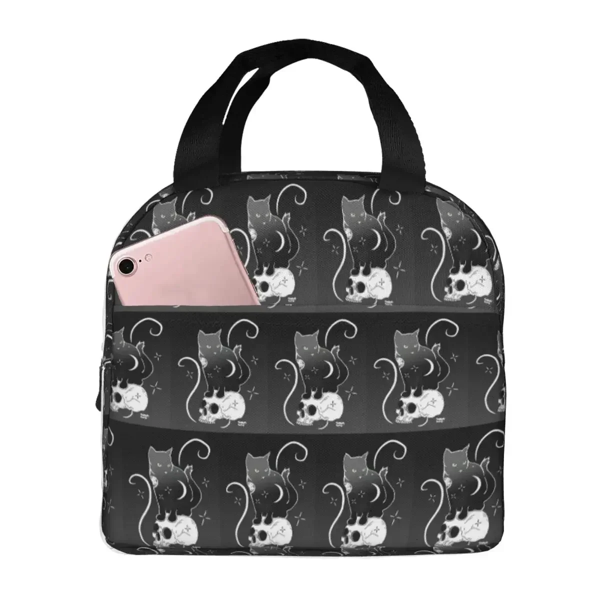Gothic Black Cat Stand On Skull Insulated Lunch Bag for Women Children Portable Food Boxes Thermal Lunch Box Tote